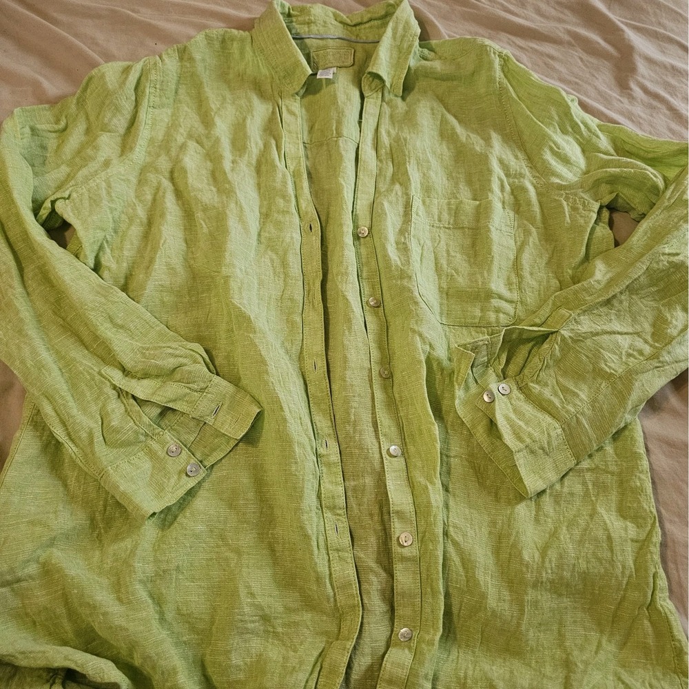 Sigrid Olsen Long Linen Camp Shirt Button Front ¾ Sleeve Roll Tab Pocket L